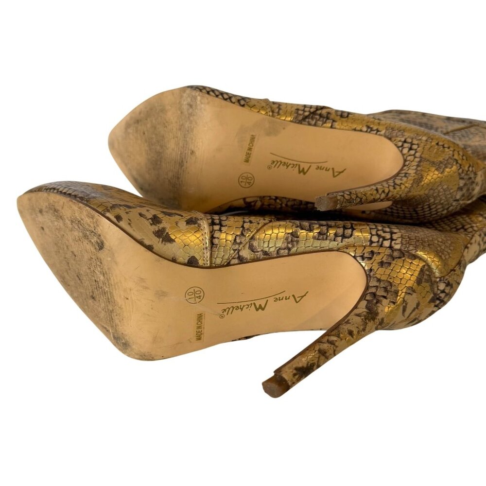 Anne Michelle Snakeskin Print Pointed Ankle Boots 10 High Heel Metallic Gold Tan - Picture 6 of 7
